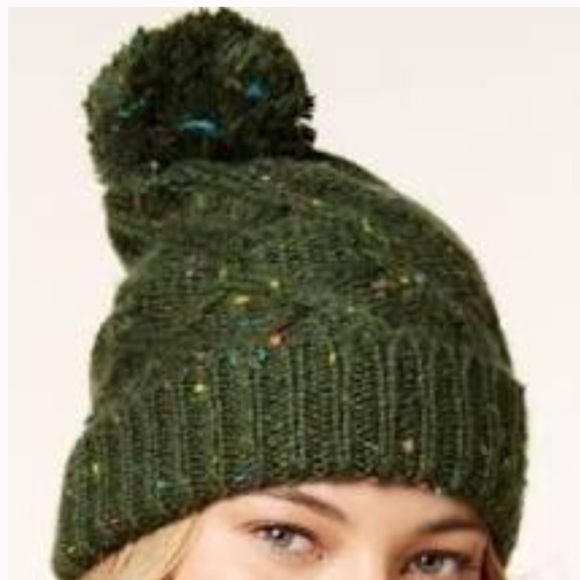 Army Green Cable Knit Pom Pom Cuffed Chunky Beanie - Picture 2 of 2